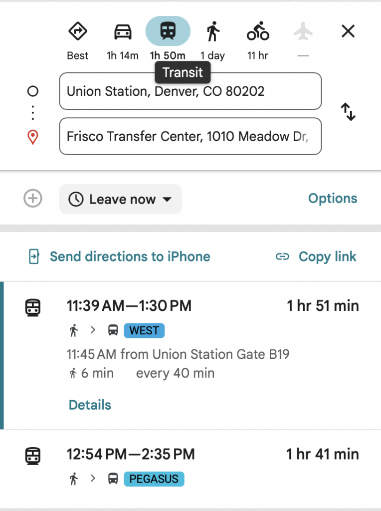 Screenshot of Google trip planner using the transit option